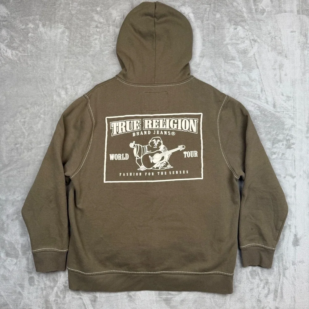True Religion Mens World Tour Buddha Zip Hoodie Brown Contrast Stitch Y2K 3XL